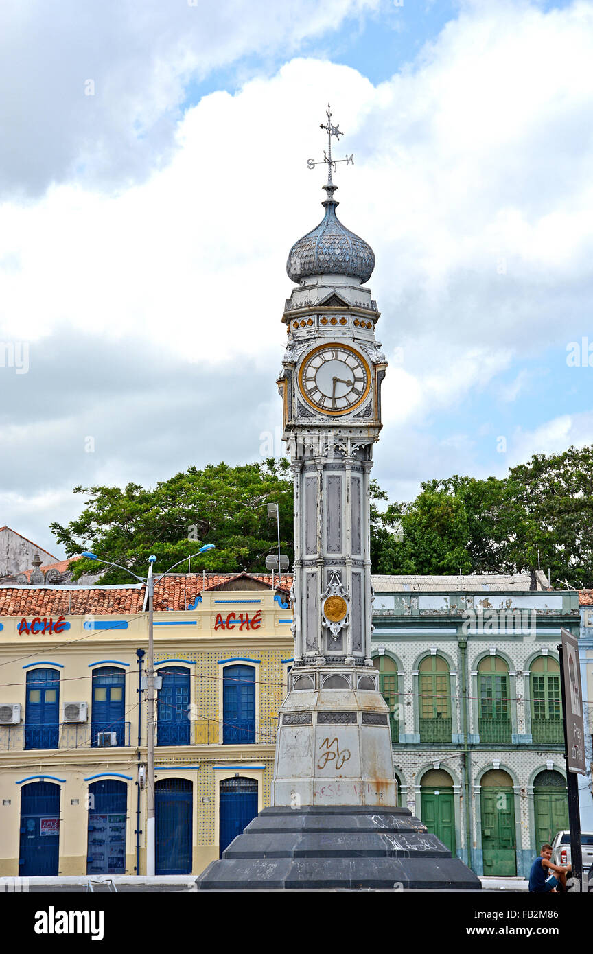Torre dell'orologio in ghisa, torre quadrata, Belem, Para, Brasile Foto Stock