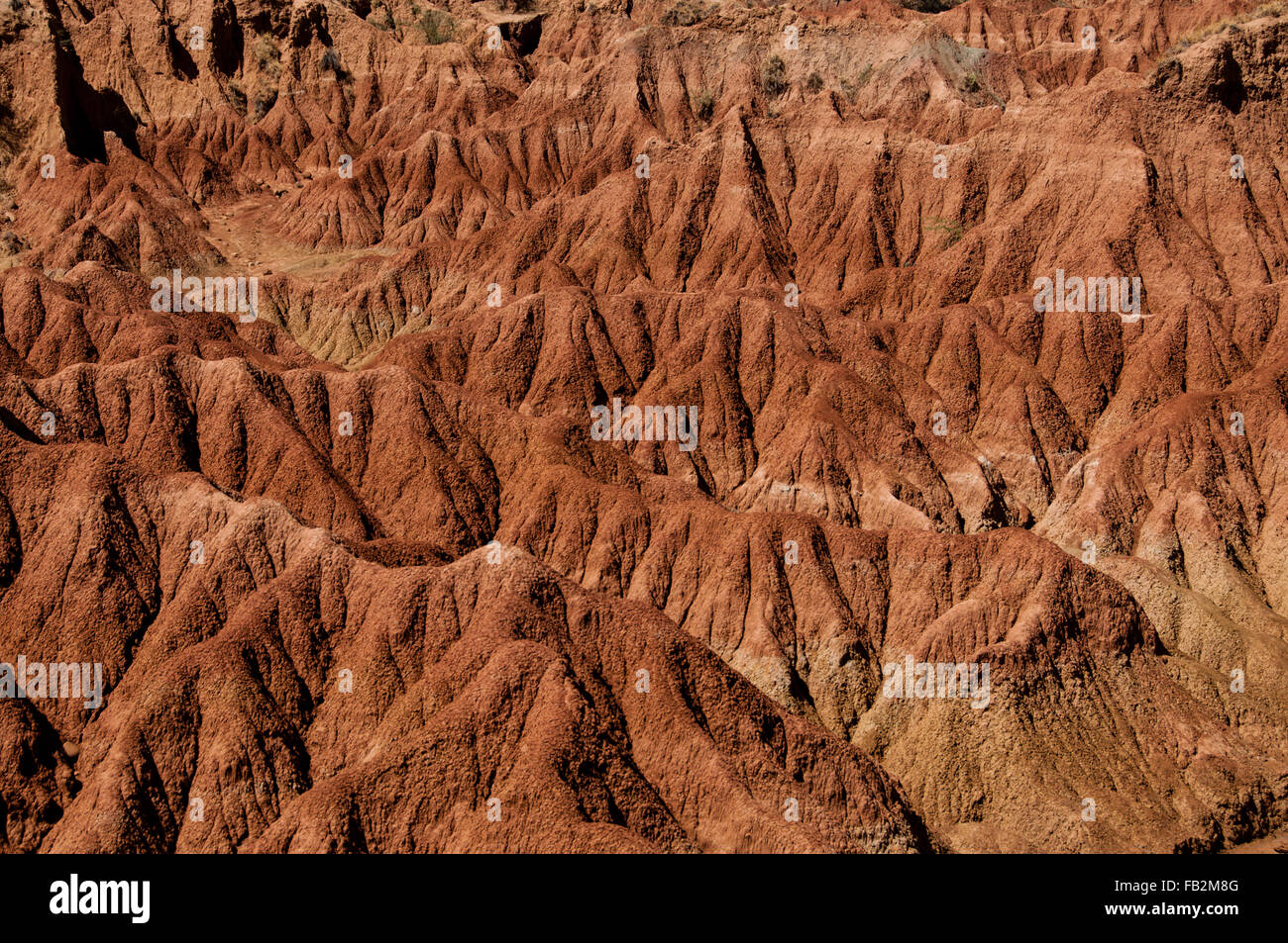 Siccità rosso arancio pietra arenaria rock formazione nel deserto di Tatacoa, Huila Foto Stock