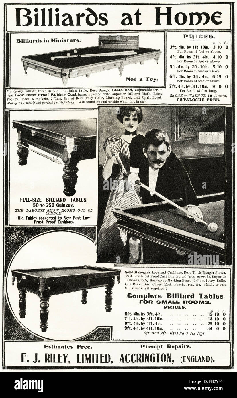 Vintage originale annuncio da 1900s. Victorian pubblicità dal 1900 pubblicità E.J. Riley tavoli da biliardo di Accrington England Regno Unito Foto Stock