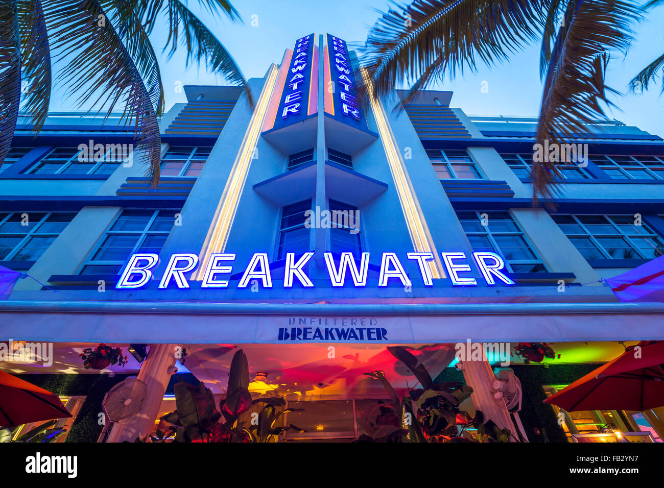 Art Deco district di notte, Ocean Drive e South Beach, Miami Beach, Miami, Florida, Stati Uniti d'America Foto Stock