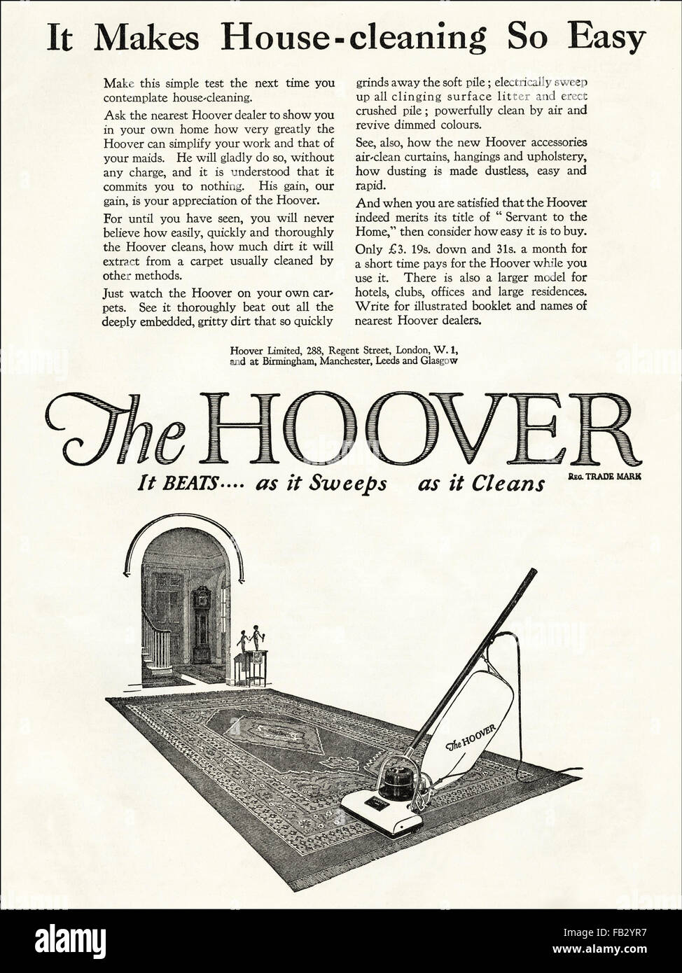 Vintage originale annuncio da 1920s. La pubblicità dal 1923 pubblicità Hoover aspirapolvere verticale. Foto Stock