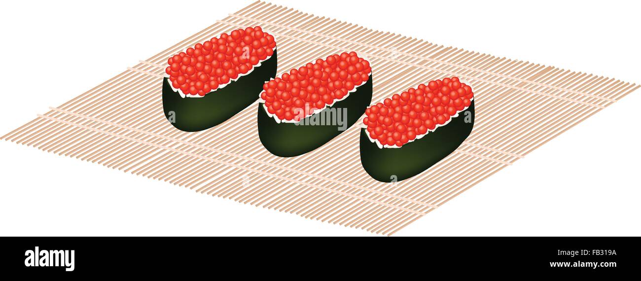 La cucina giapponese, illustrazione di deliziose uova di salmone Sushi o Ikura maki sushi per sushi e sashimi giapponese sul tappetino di bambù. Illustrazione Vettoriale