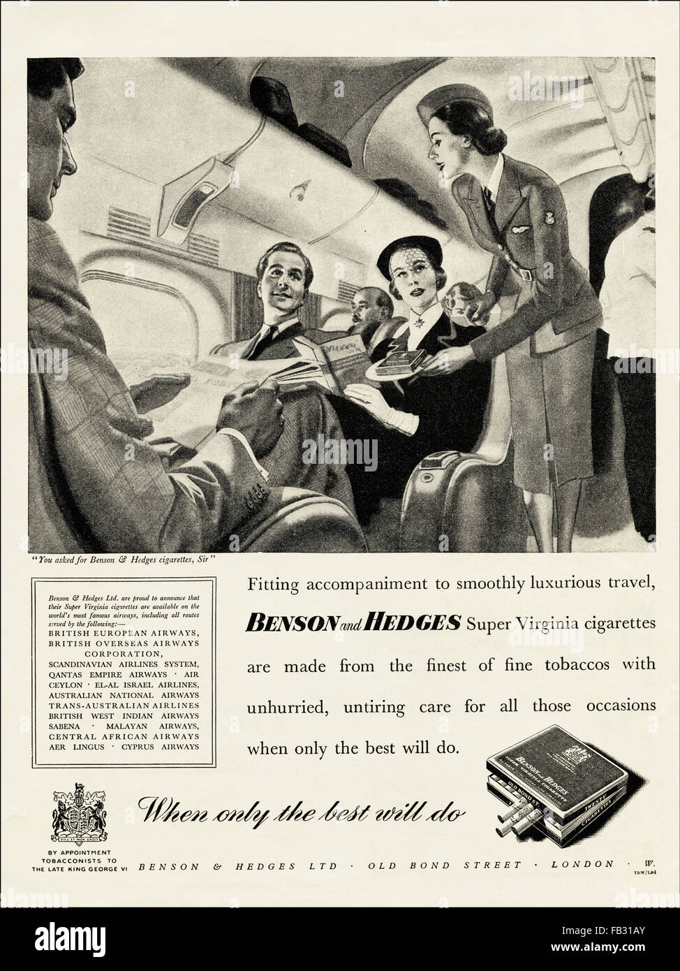 Completa originale vintage pagina annuncio da anni cinquanta. Pubblicità da 1953 pubblicità Benson & Hedges sigarette venduti su aerei. 50s retrò Foto Stock