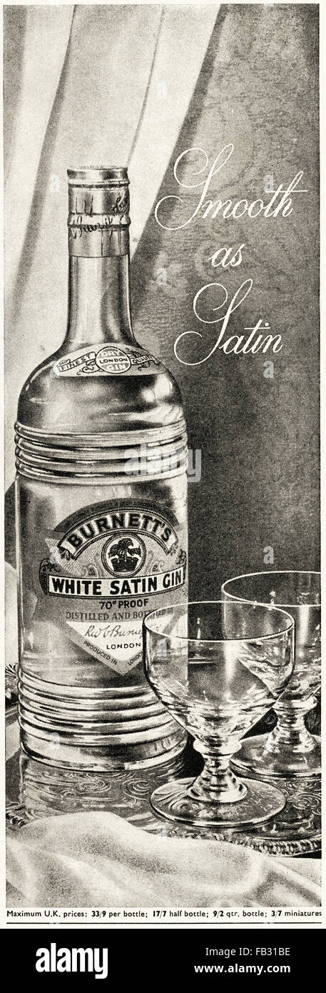 Vintage originale annuncio da anni cinquanta. La pubblicità dal 1953 pubblicità Burnett's White Satin Gin. Foto Stock