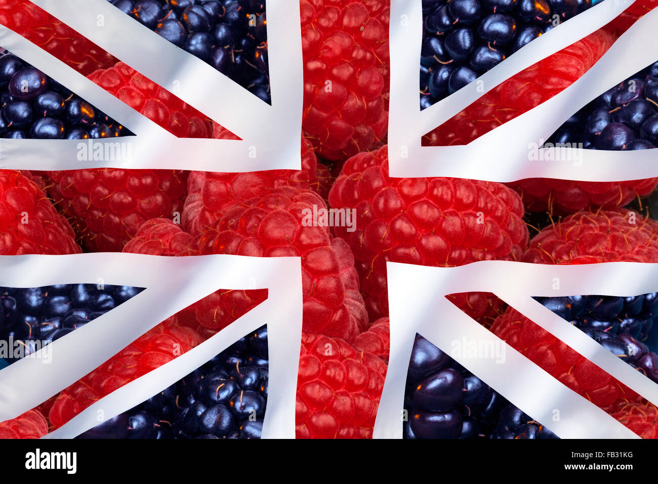 Frutta - lamponi e ribes nero e bandiera del Regno Unito di Gran Bretagna e Irlanda del Nord Foto Stock