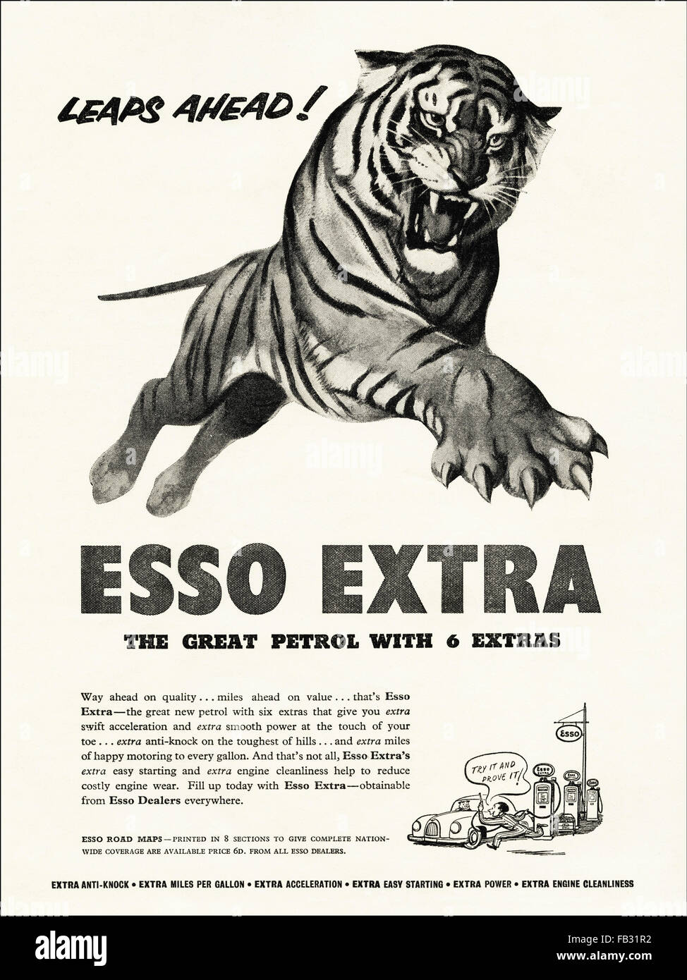 Completa originale vintage pagina annuncio da anni cinquanta. La pubblicità dal 1953 pubblicità esso benzina Extra. 50s retrò Foto Stock