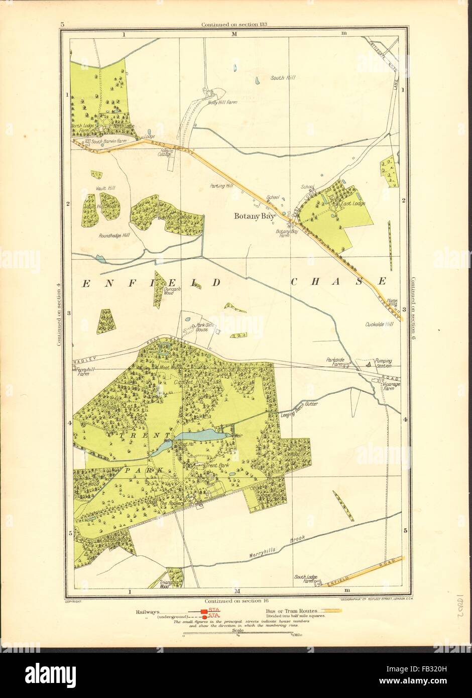 ENFIELD CHASE: Botany Bay, Trent Park, Southgate, East Barnet, 1937 mappa vecchia Foto Stock