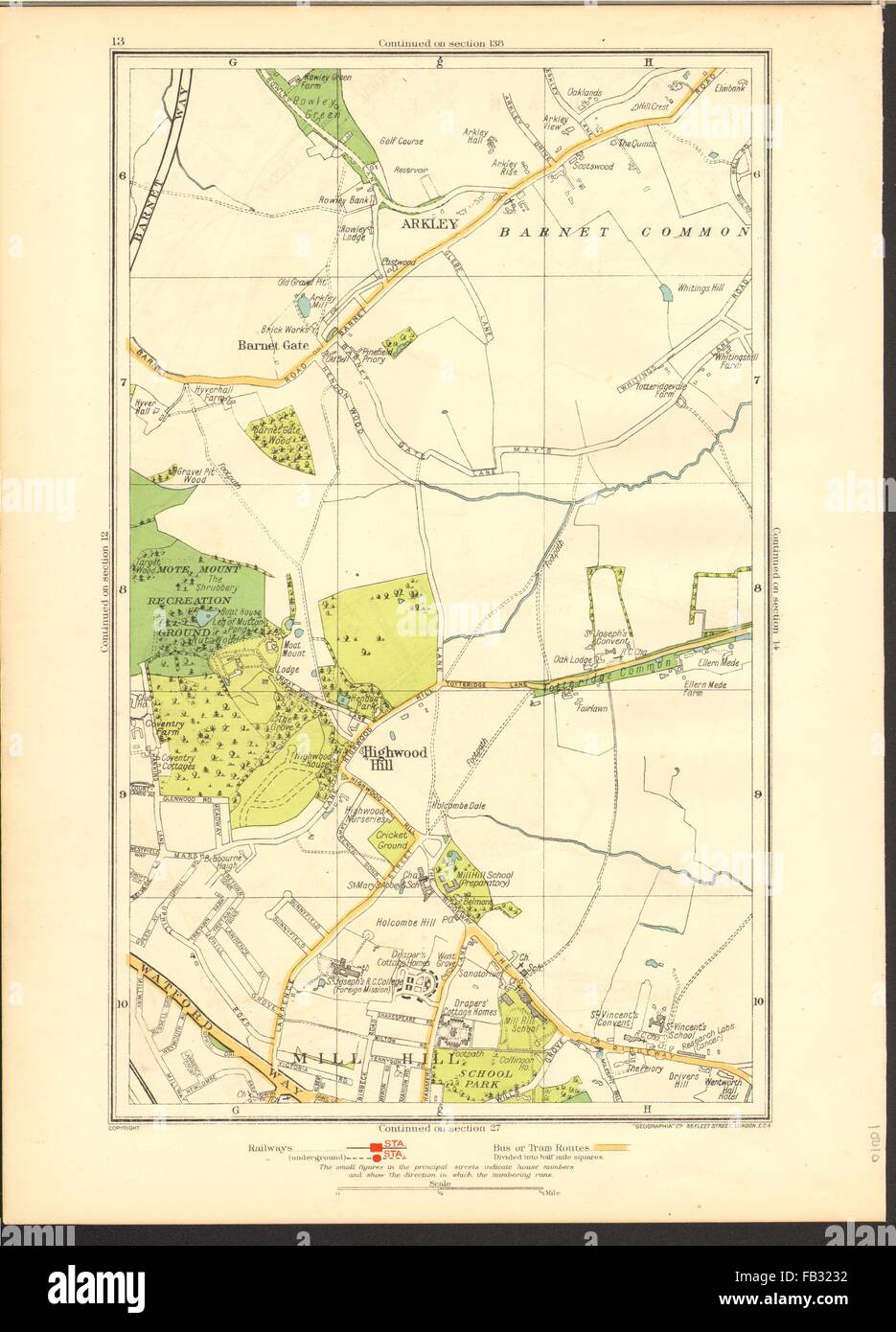 Londra: Arkley, Barnet Gate, Highwood Hill, Mill Hill, 1937 Vintage map Foto Stock