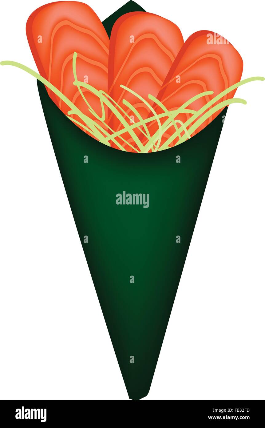 La cucina giapponese, illustrazione di deliziosi Temaki Salmone Salmone Sushi a cono o a mano di salmone Roll sushi con julienne di cetriolo Illustrazione Vettoriale