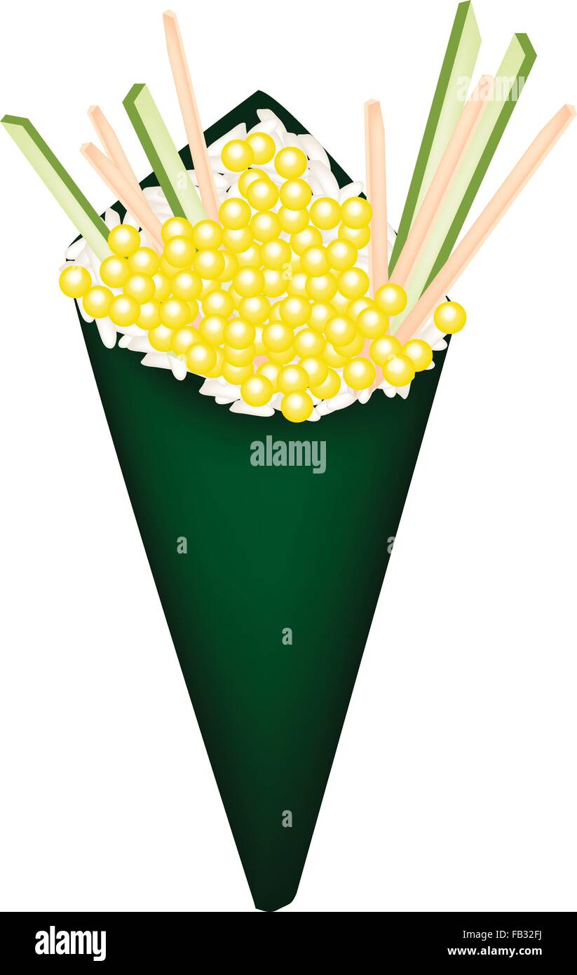 La cucina giapponese, illustrazione del Giallo delizioso sushi Tobiko con julienne di cetriolo e carota nel Temaki Sushi, il cono di sushi o Illustrazione Vettoriale
