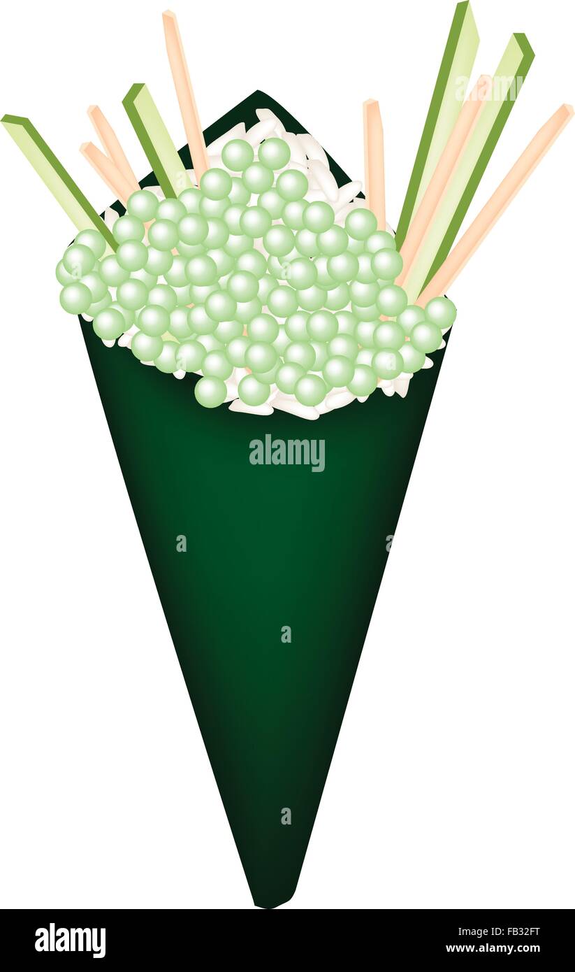 La cucina giapponese, illustrazione del verde delizioso sushi Tobiko con julienne di cetriolo e carota nel Temaki Sushi, il cono di sushi o Illustrazione Vettoriale
