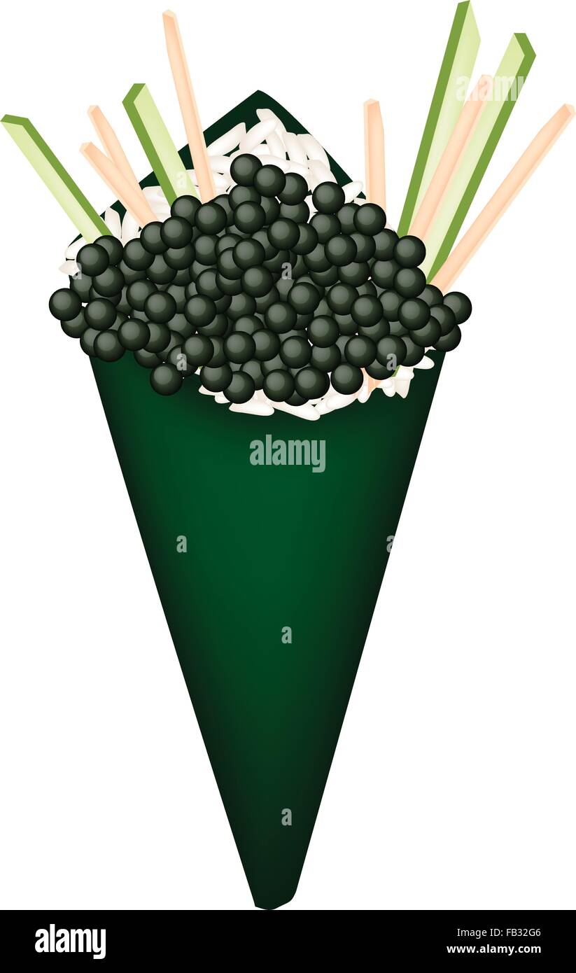 La cucina giapponese, illustrazione del Nero delizioso sushi Tobiko con julienne di cetriolo e carota nel Temaki Sushi, il cono di sushi o Illustrazione Vettoriale