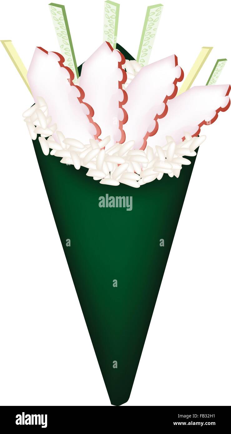 La cucina giapponese, illustrazione di deliziosi Temaki Tako calamari o mano Roll sushi con il cetriolo e Tamagoyaki isolato su bianco Illustrazione Vettoriale