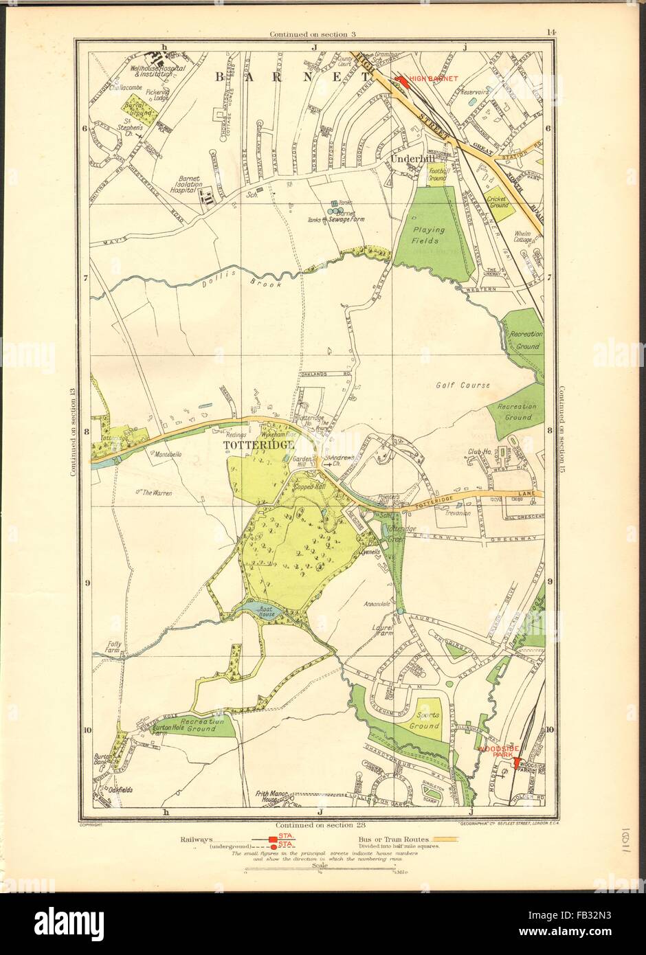 HIGH BARNET/Chipping Barnet: Totteridge, Woodside Park, Underhill, 1937 Mappa Foto Stock