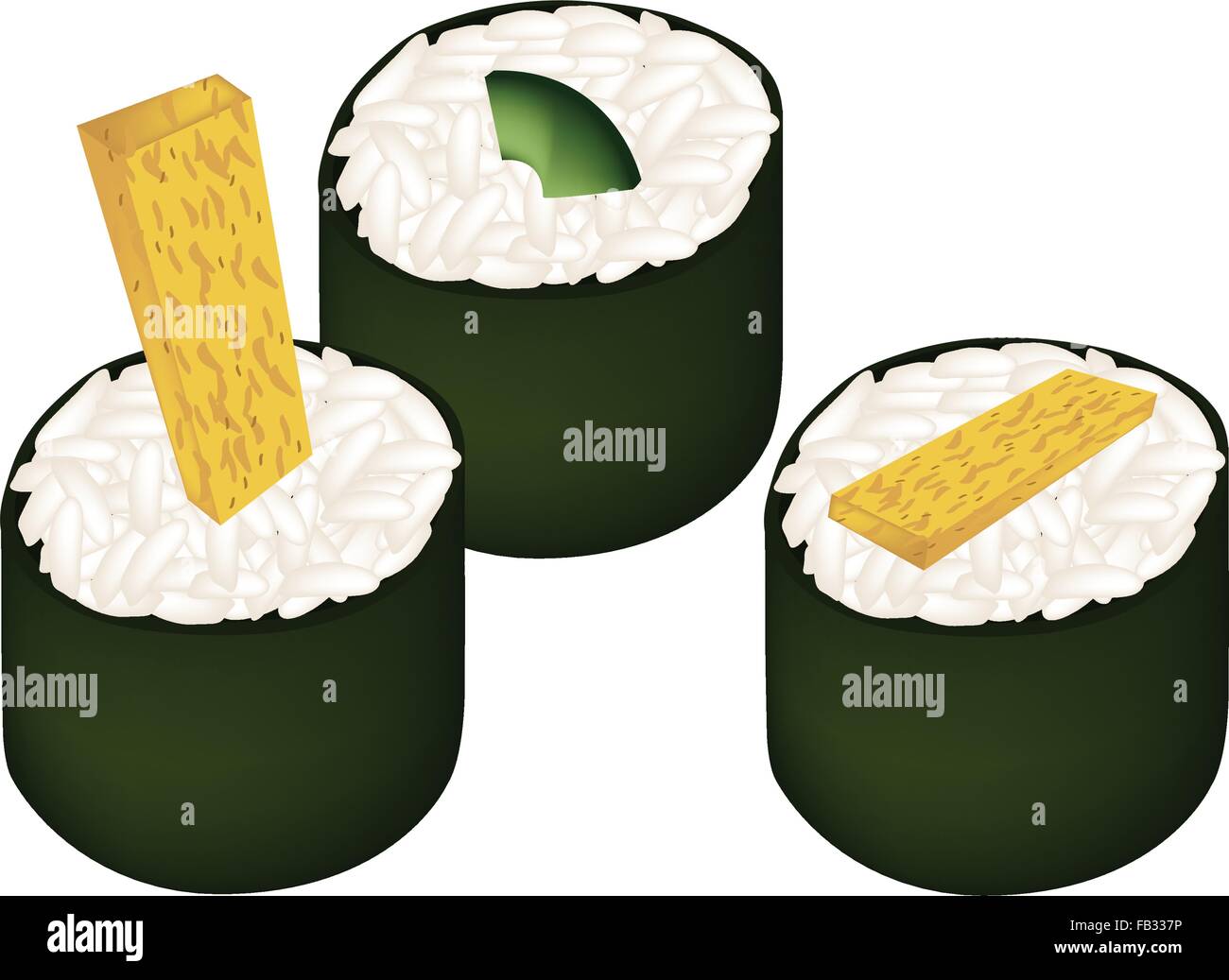 La cucina giapponese, illustrazione di Avocado Maki e Omelett giapponese Sushi Roll isolati su sfondo bianco. Illustrazione Vettoriale