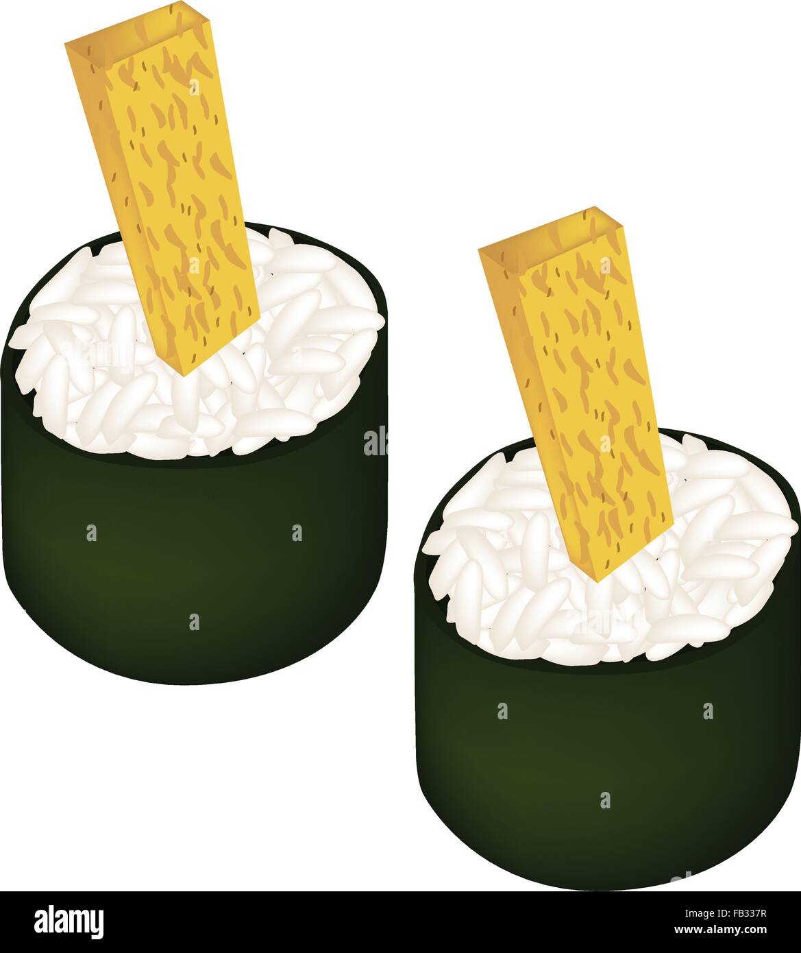 La cucina giapponese, illustrazione di Tamagoyaki Maki o Omelett giapponese Sushi Roll isolati su sfondo bianco. Illustrazione Vettoriale