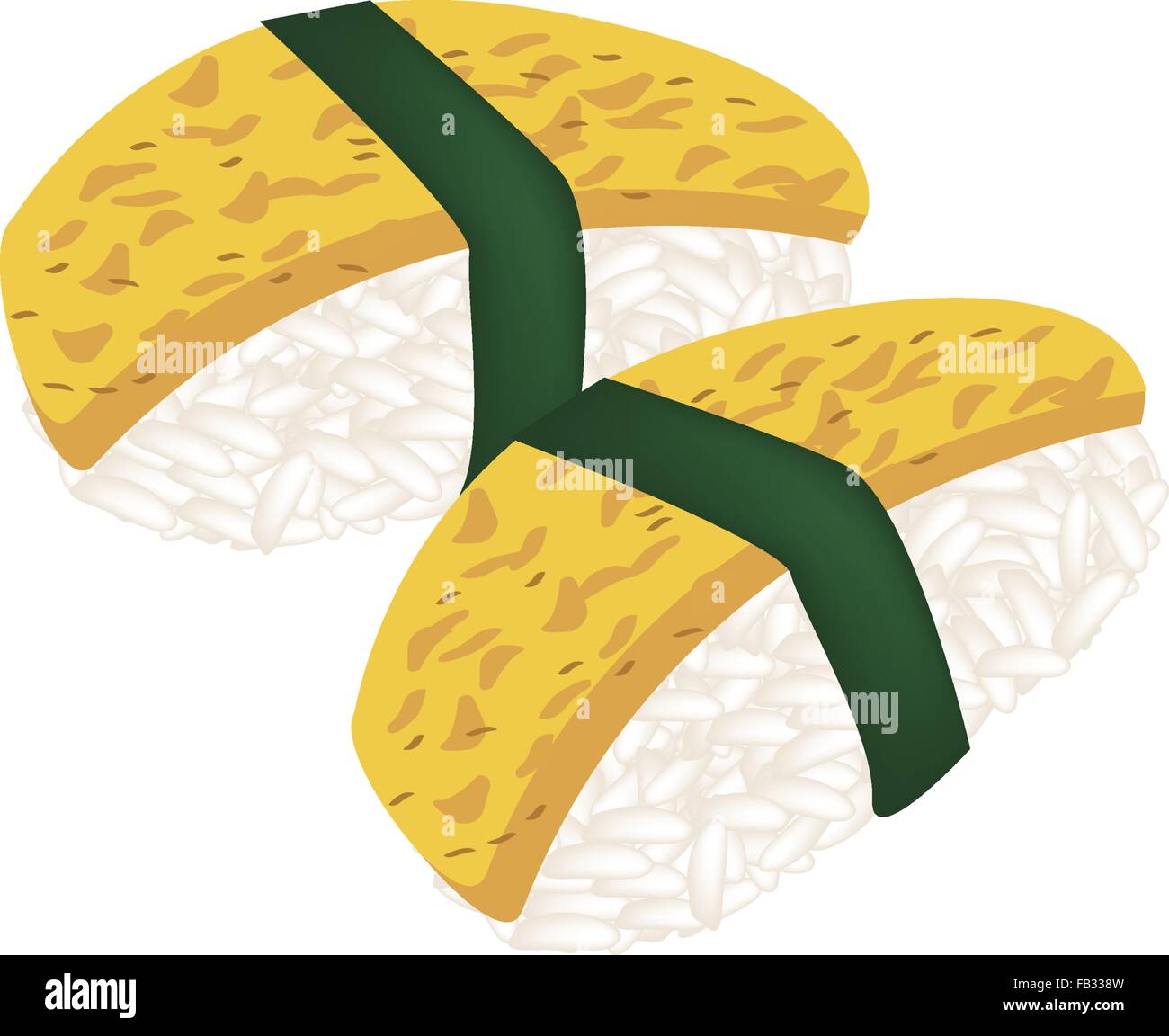La cucina giapponese, illustrazione di Sushi Tamagoyaki o Omelett giapponese Nigiri isolati su sfondo bianco. Illustrazione Vettoriale