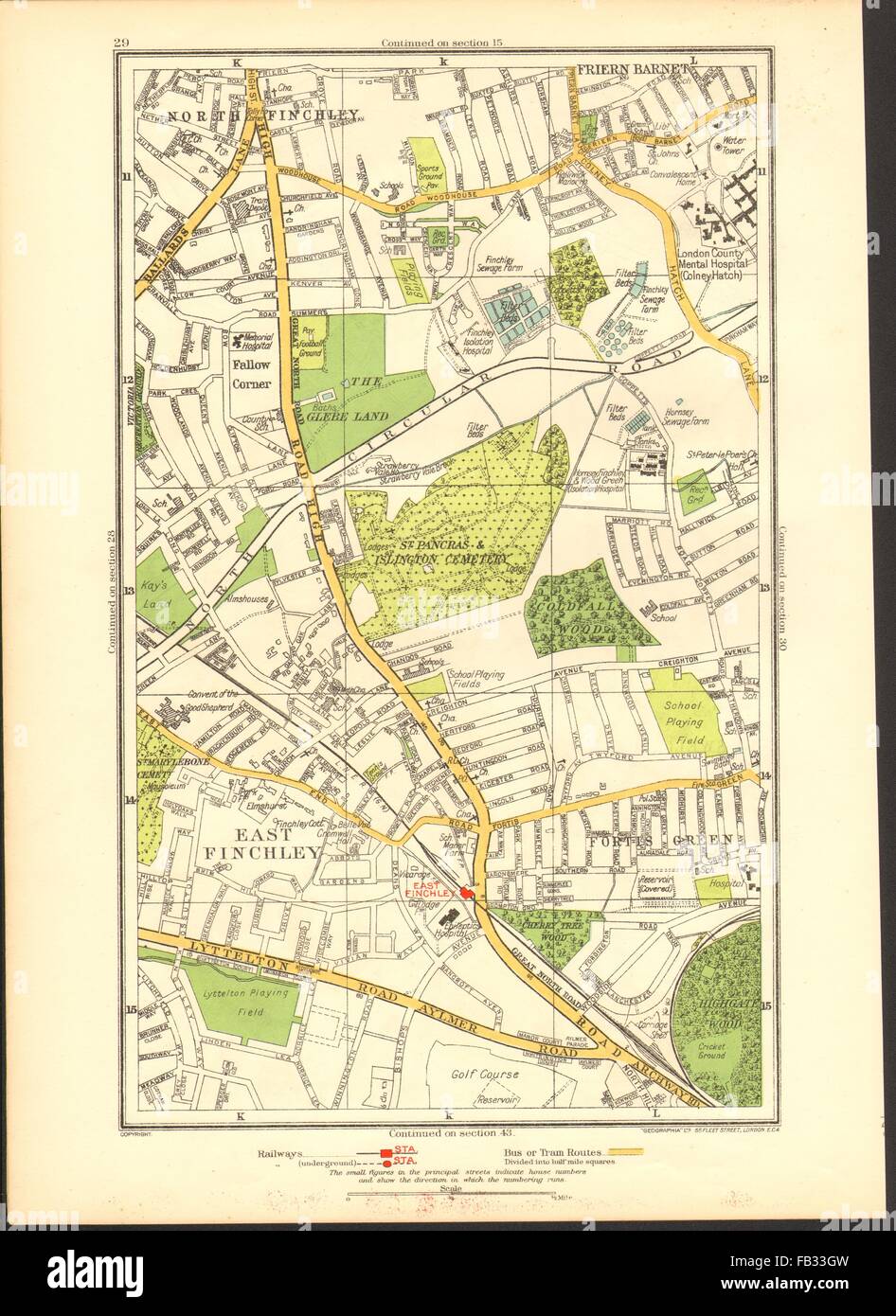 FINCHLEY: Fortis Green, Friern Barnet, Muswell Hill, angolo di maggese, 1937 Mappa Foto Stock