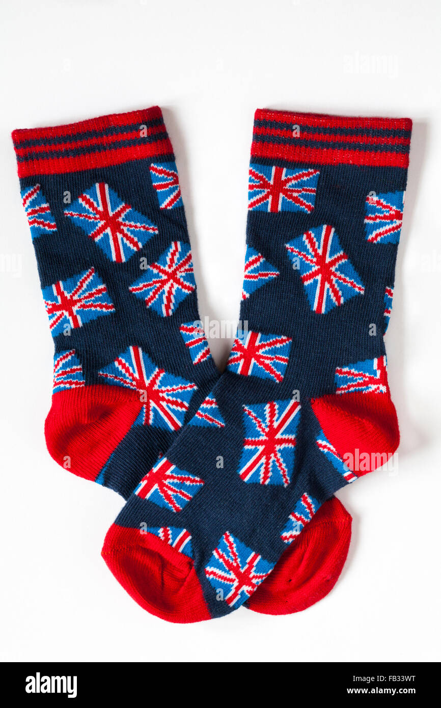 Coppia di novità calzini con Union Jack isolati su sfondo bianco Foto Stock