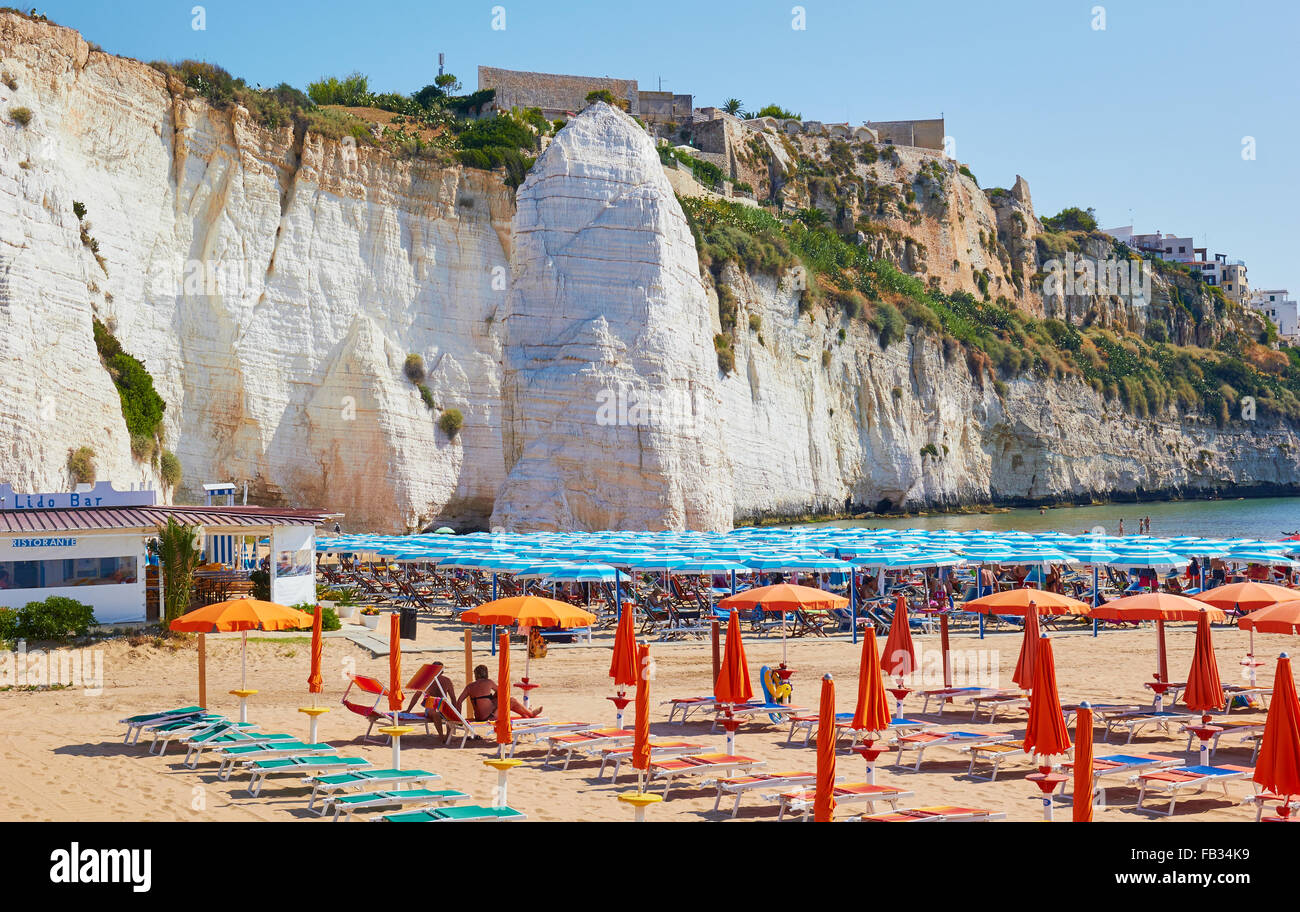 Pizzomunno a 25 metro alto monolito di pietra calcarea, Scialara beach, Vieste e Gargano, provincia di Foggia, Puglia, Italia, Europa Foto Stock