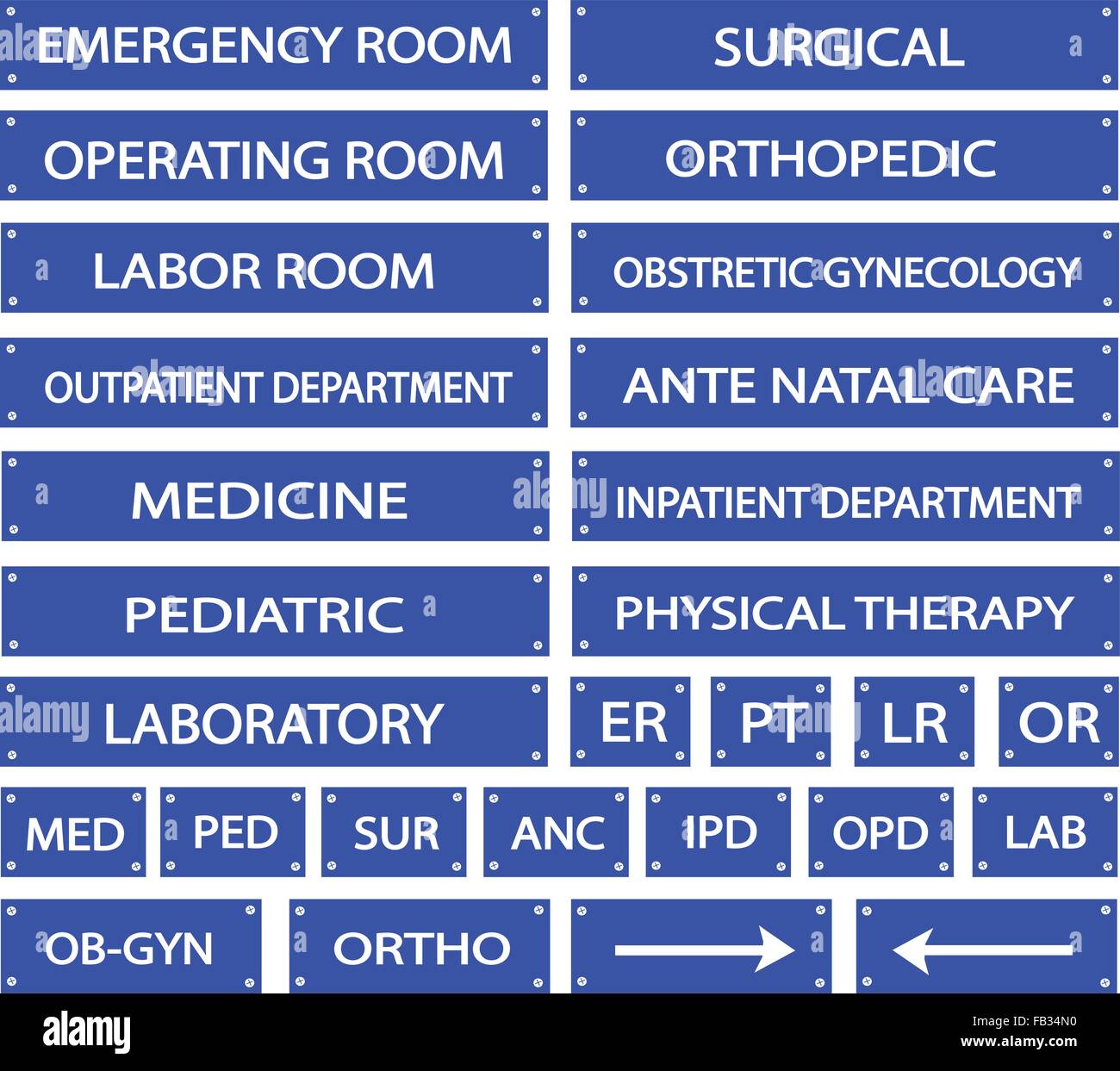 Illustrazione raccolta di ospedale blu segni e abbreviazioni mediche di diversi reparti in un ospedale. Illustrazione Vettoriale