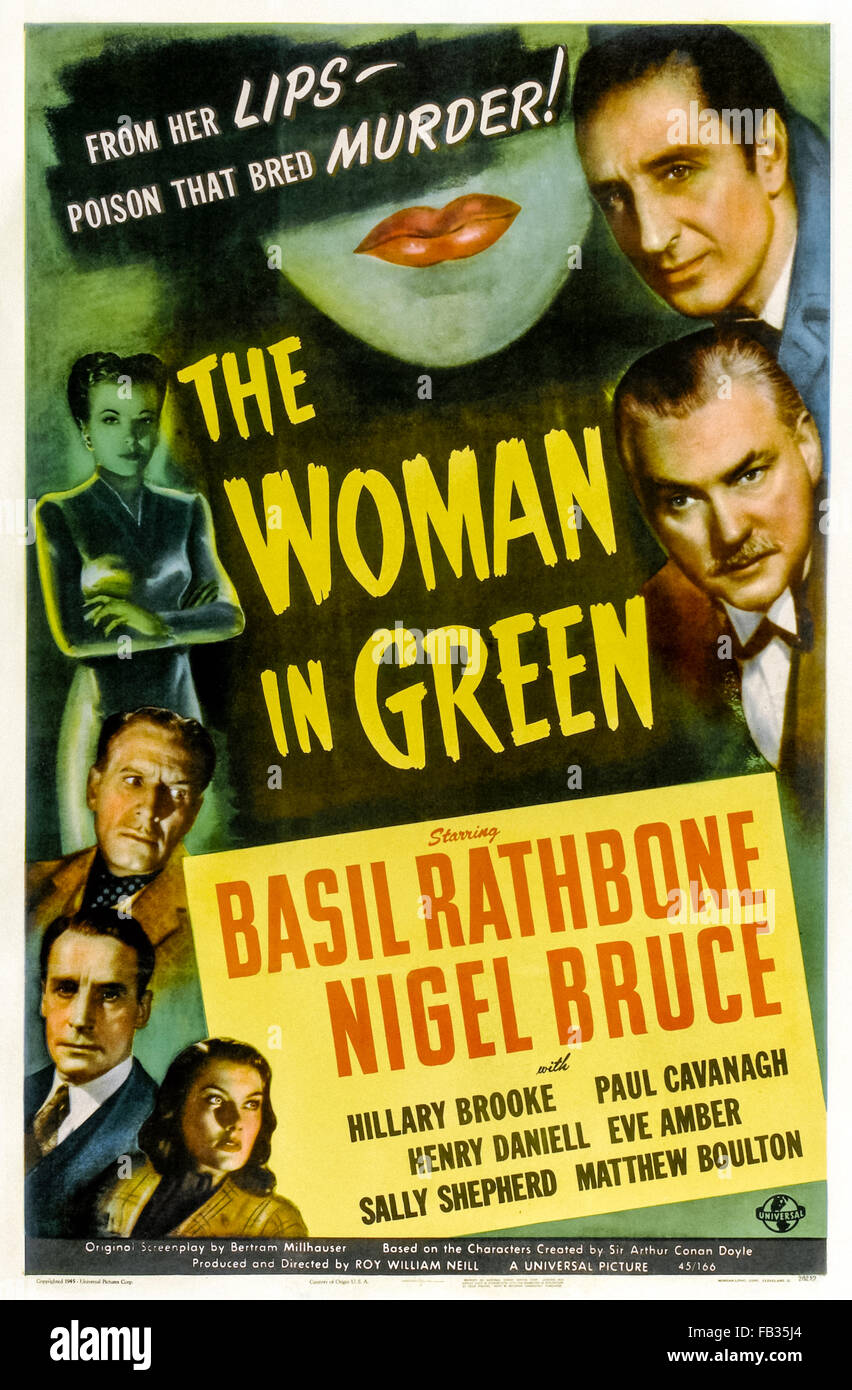 Poster per "La donna in verde' 1945 Sherlock Holmes film diretto da Roy William Neill e interpretato da Basil Rathbone (Holmes); Nigel Bruce (Watson) e Hillary Brooke (Lydia). Vedere la descrizione per maggiori informazioni. Foto Stock