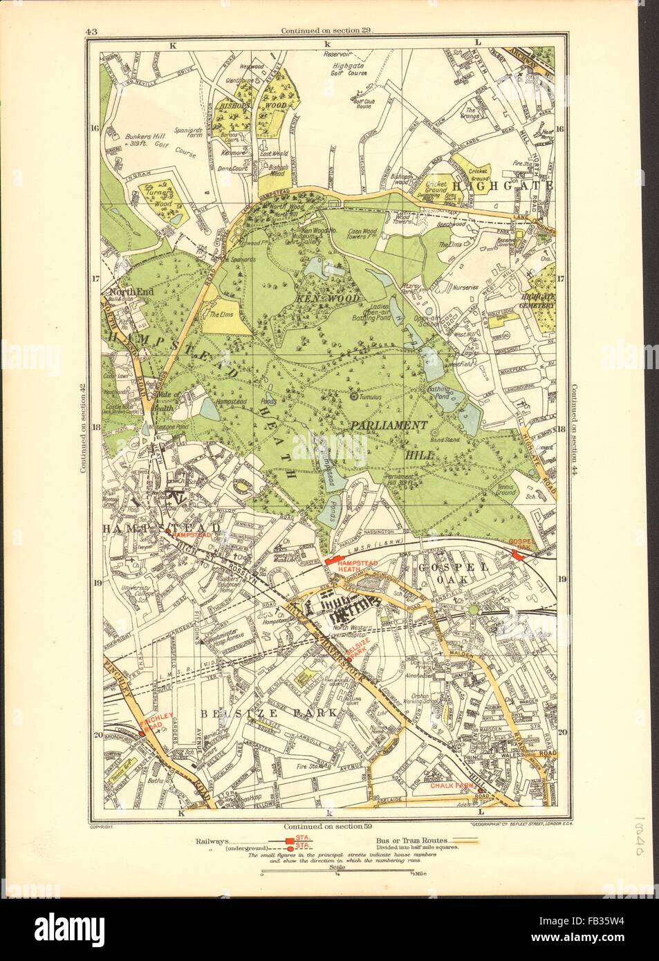 HAMPSTEAD:Belsize Park,Vangelo Oak,Highgate,Vangelo Oak,Parliament Hill, 1937 Mappa Foto Stock