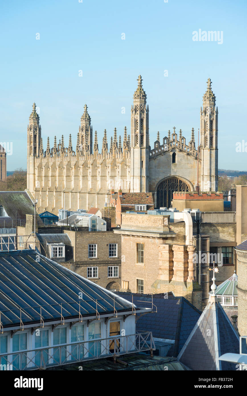 Tetti e skyline a Cambridge Regno Unito mostra Kings College Chapel e altri edifici Foto Stock