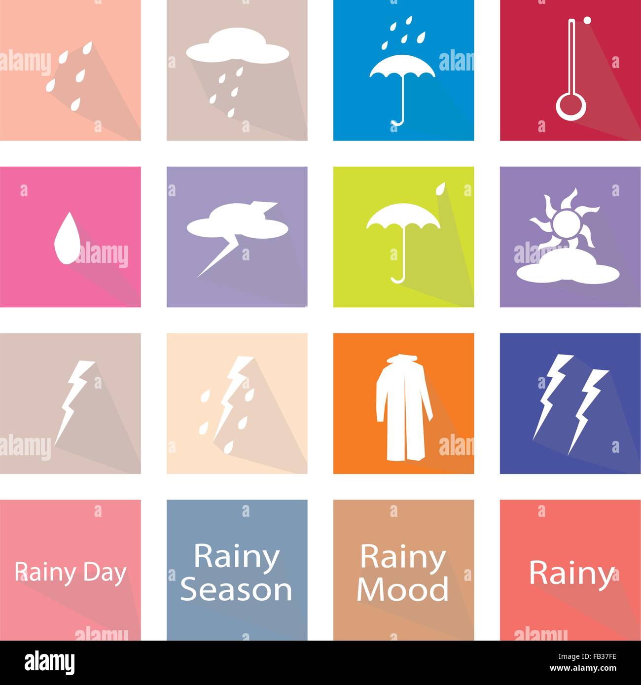 Illustrazione di raccolta durante la stagione delle piogge o stagione dei monsoni le etichette delle icone, una delle quattro stagioni temperate. Illustrazione Vettoriale