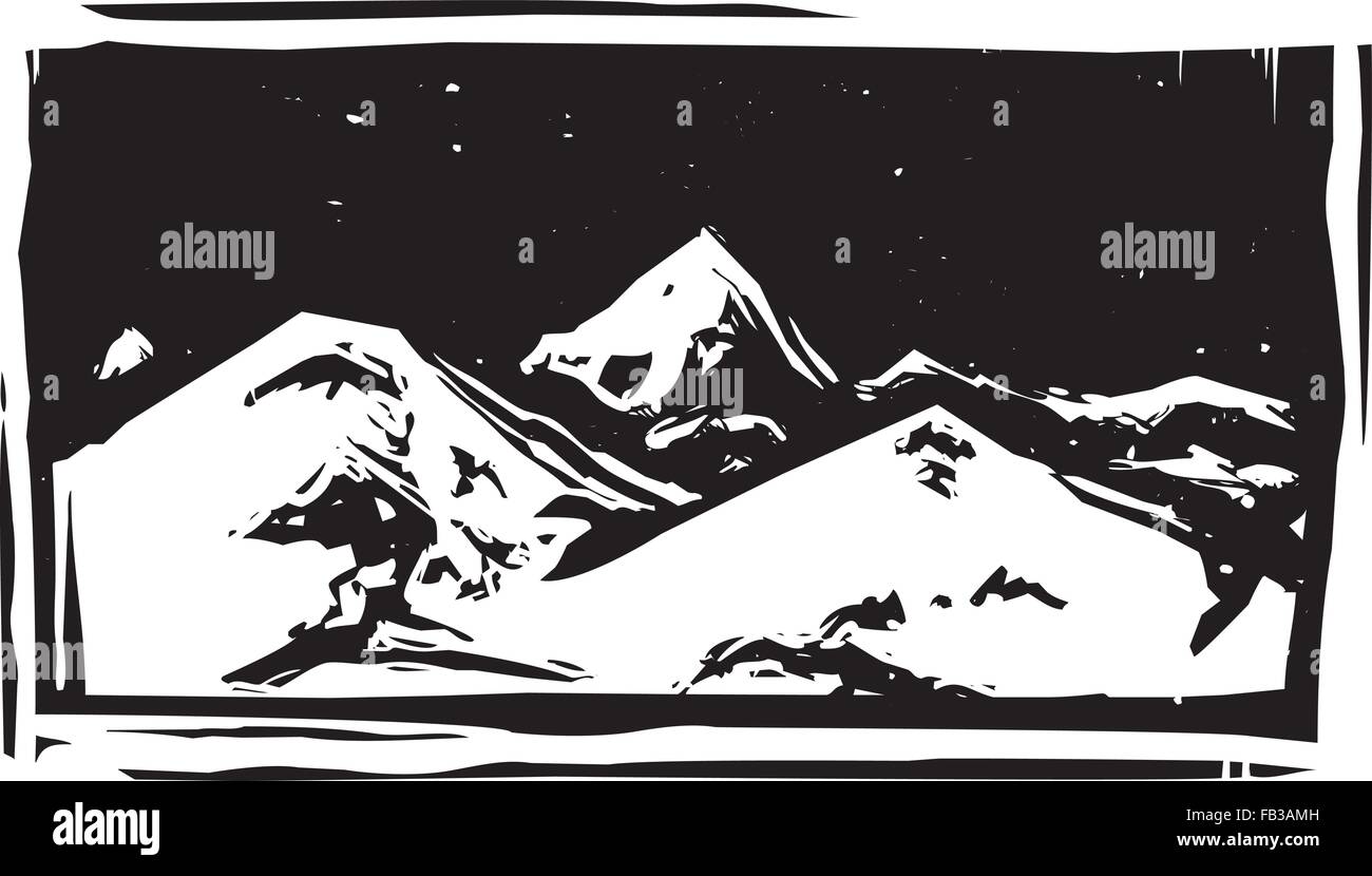 Xilografia stile gamma di montagna con cime innevate Illustrazione Vettoriale