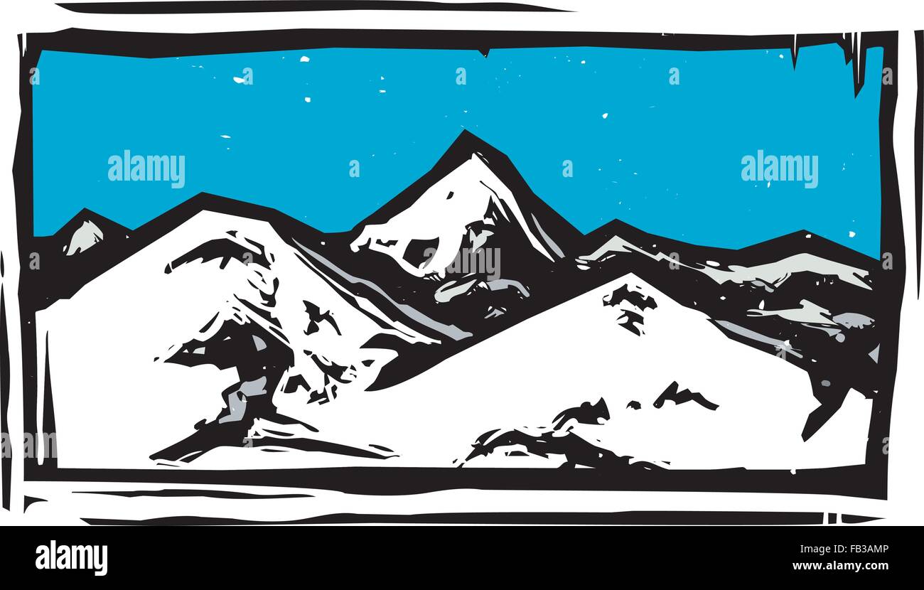 Xilografia style mountain range in una limpida giornata di blu Illustrazione Vettoriale