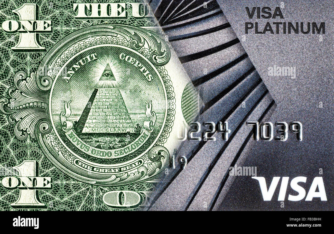La banconota di un dollaro americano è convertito in una carta di credito. Concetto di immagine Foto Stock