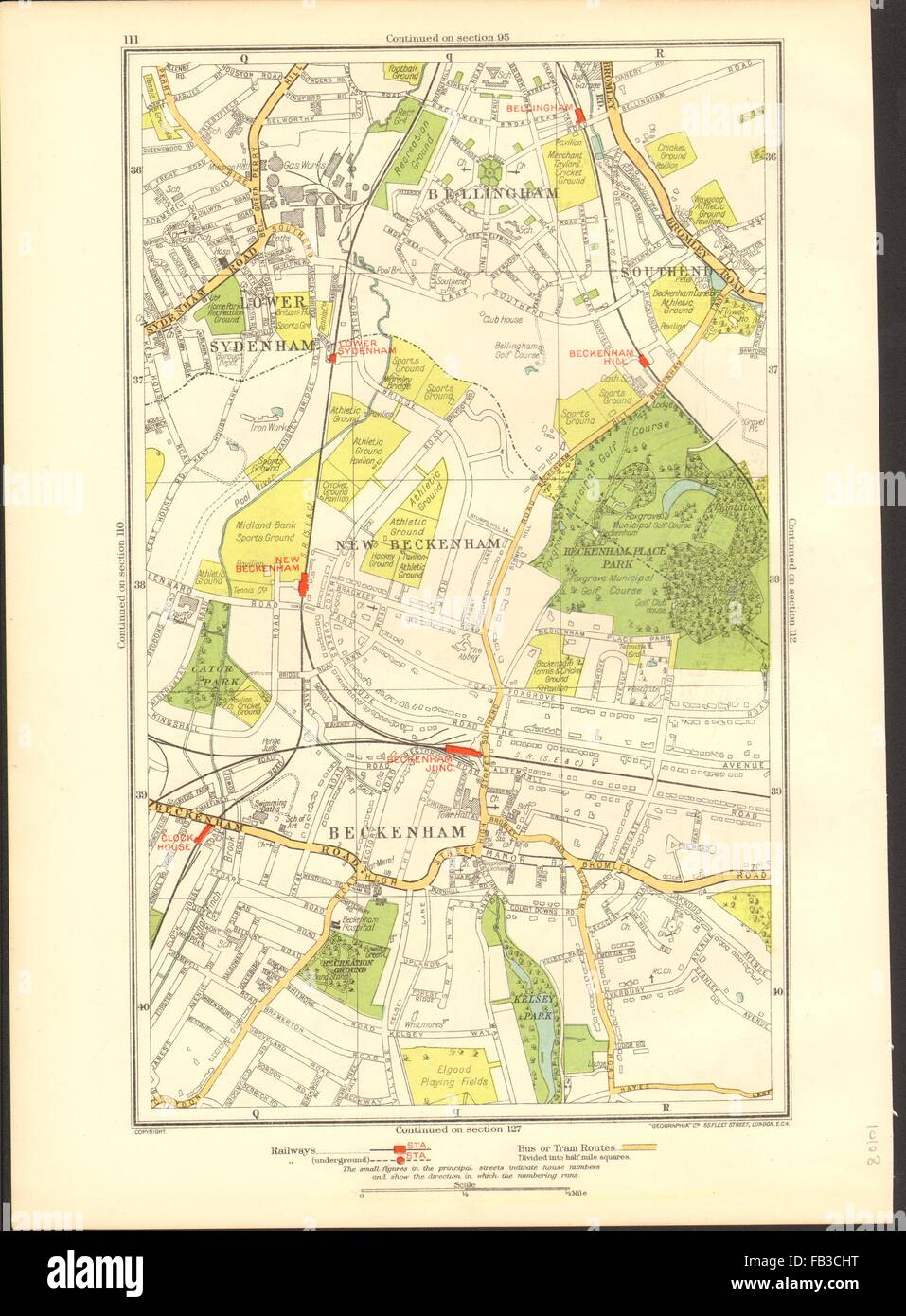 BECKENHAM: Bellingham, inferiore Sydenham, Southend, Clock House, 1937 Vintage map Foto Stock