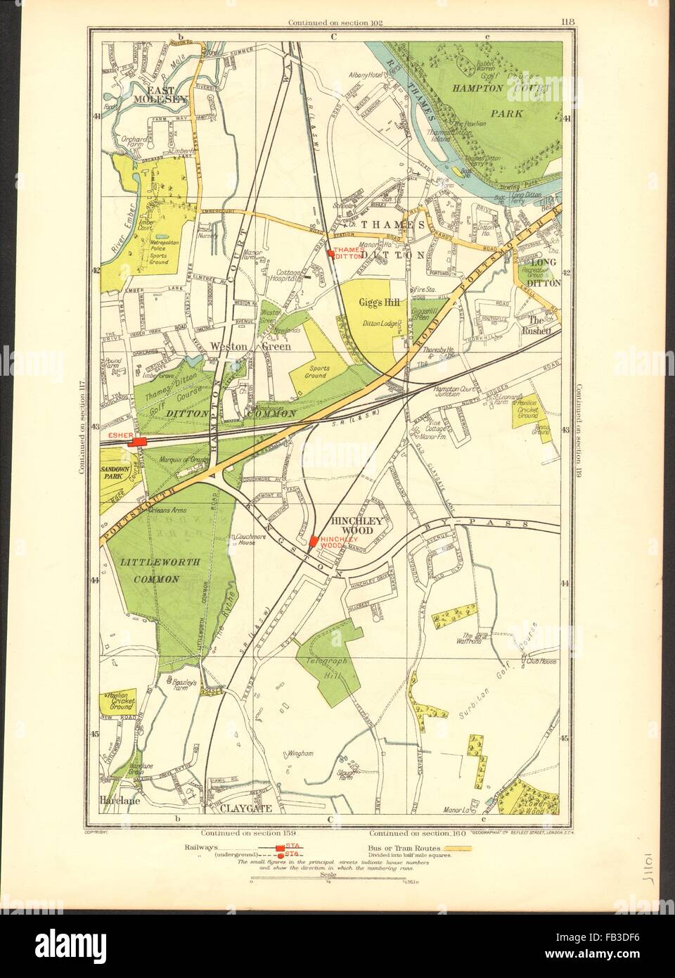 THAMES DITTON / LUNGA DITTON: Esher, East Molesey, Claygate, Harelane, 1937 Mappa Foto Stock