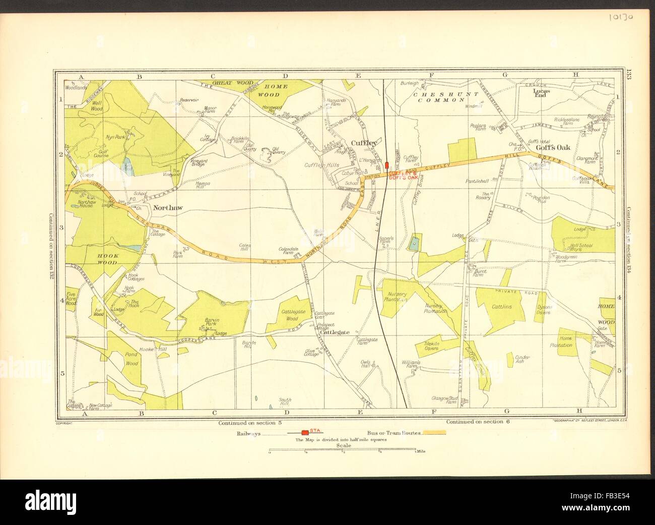 HERTFORDSHIRE: Cuffley, Goff di rovere, Northaw, Potters Bar, 1937 Vintage map Foto Stock