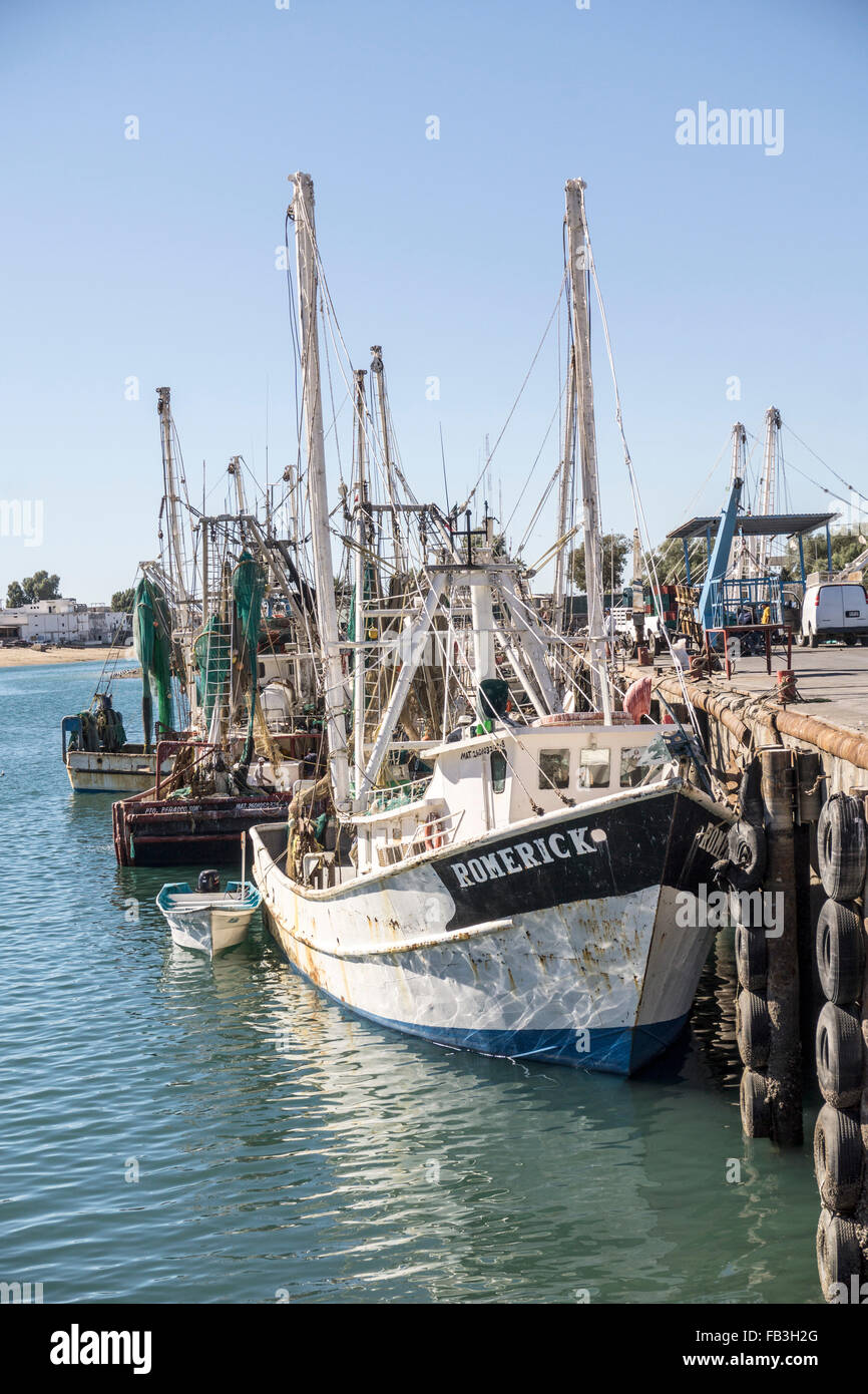 La pesca dei gamberetti le barche con i bracci sollevati ancorato alla storica Vecchia port harbour porto sul Mare di Cortez Puerto Penasco Foto Stock