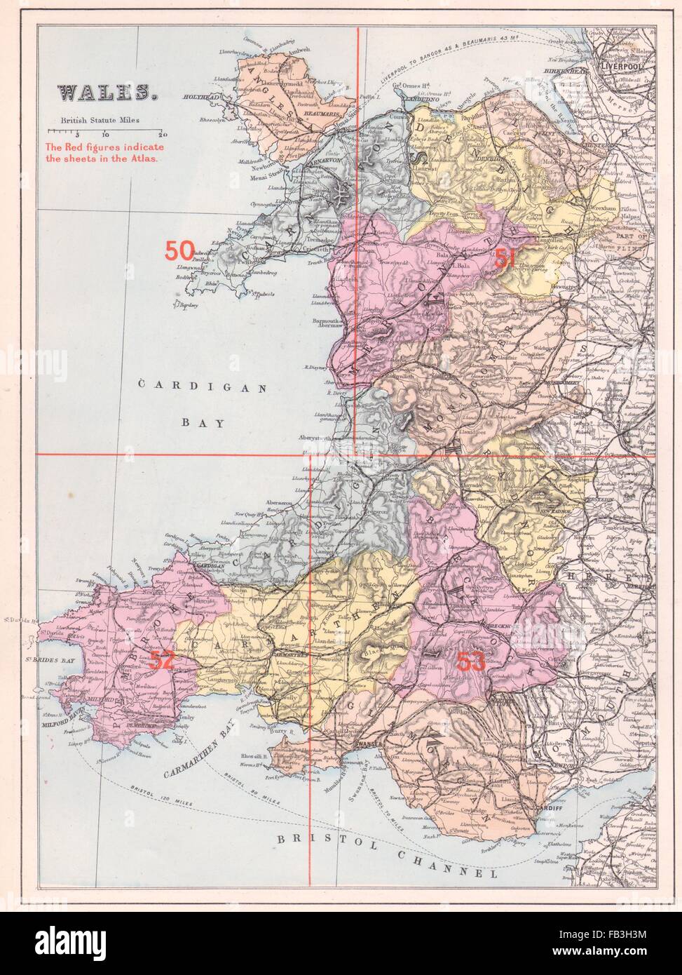 Galles: indice di antiquariato mappa da GW BACON, 1883 Foto Stock