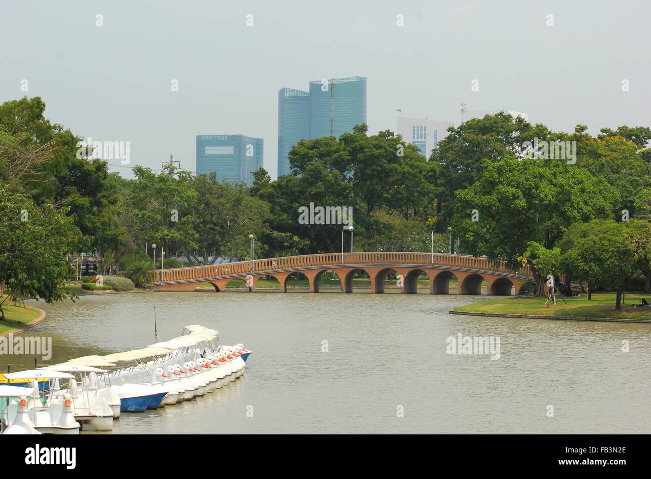 Bridge e il lago di anatra con pedale barca all'interno del parco della città a Bangkok Foto Stock