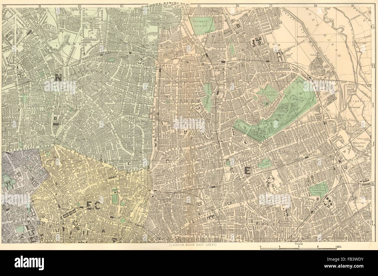 LONDON N Est: Città Hackney Tower Hamlets Islington. Piantina della città. BACON, 1883 Mappa Foto Stock