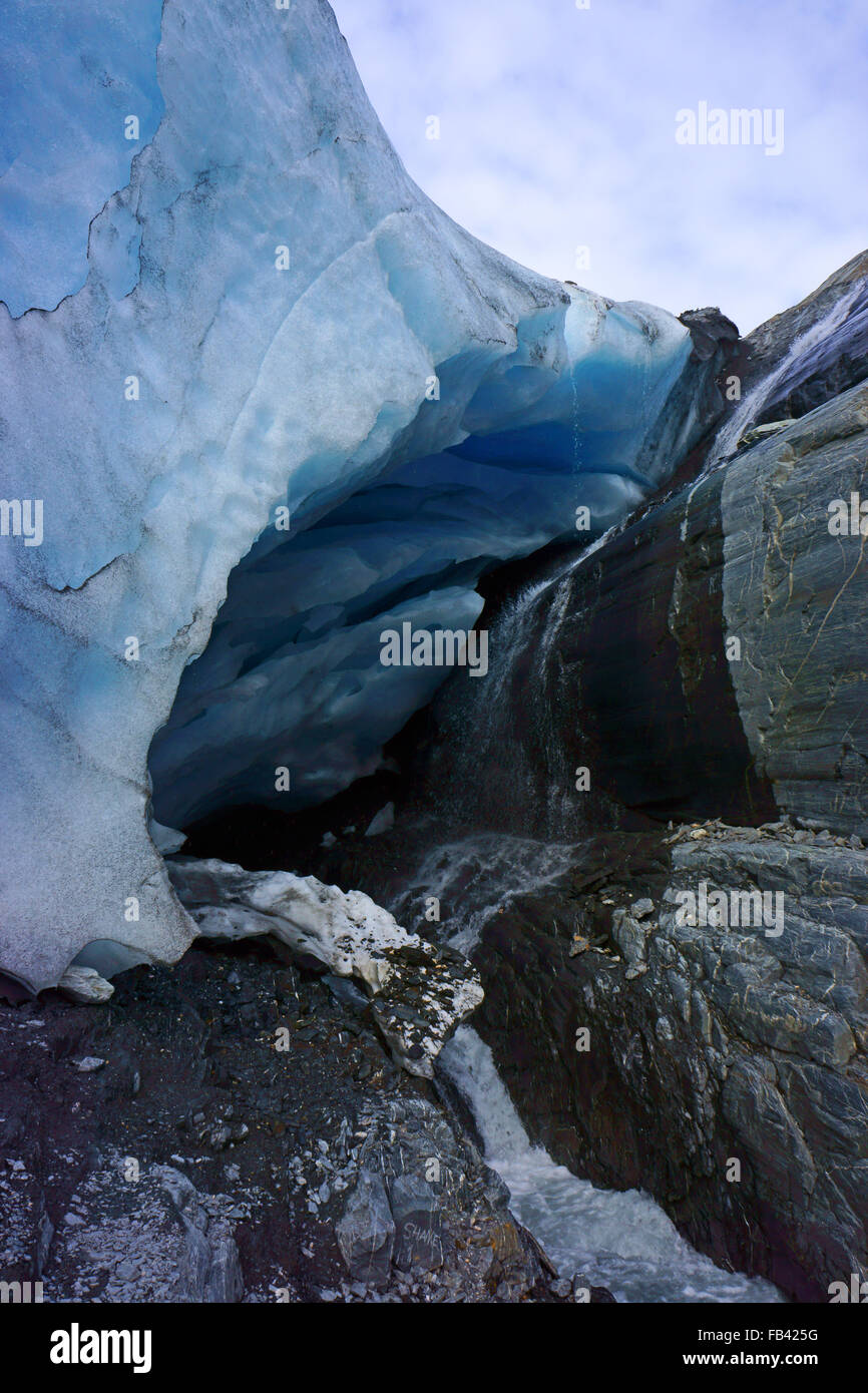 Fine della grotta receding Worthington Glacier, Chugach Mountain Range, Alaska Foto Stock