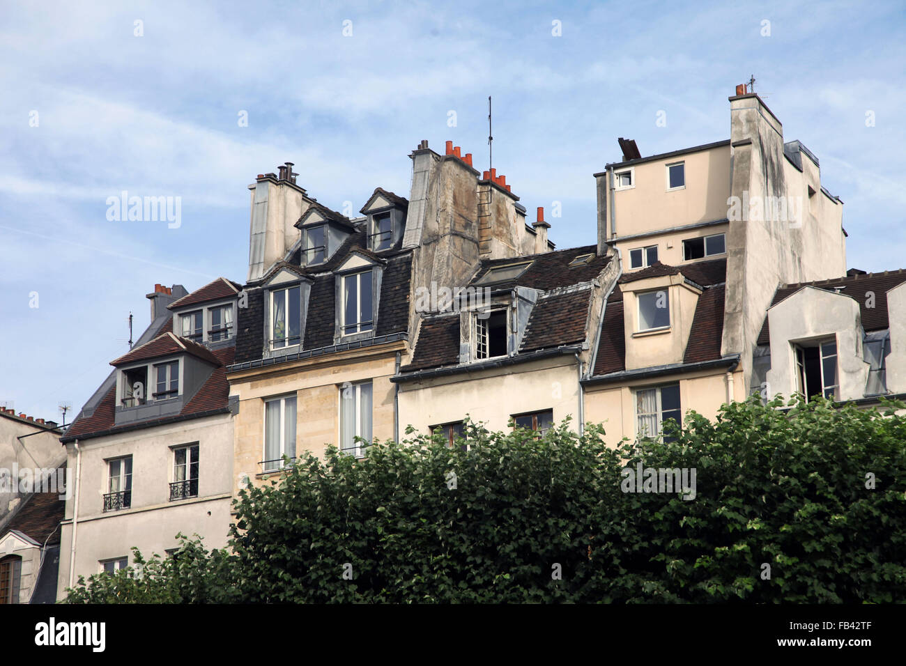 Si tratta di una foto di tipici edifici di Parigi a Parigi. Possiamo vedere il tetto con appartamenti. Foto Stock