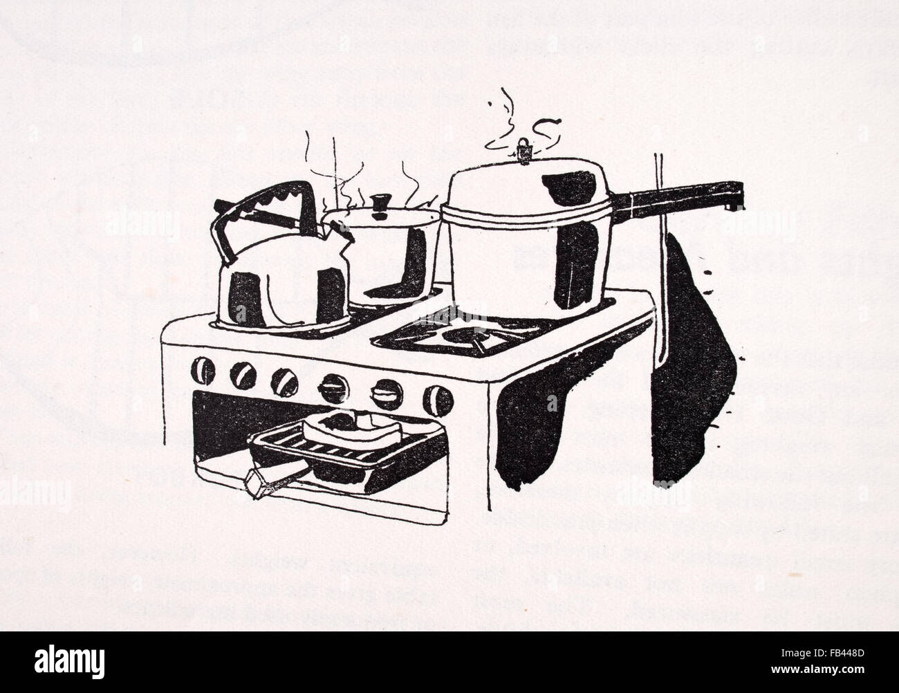 Fornello, Piano Cottura dettaglio con pentole. Stampa dal 1957 edizione del  libro di buone condizioni di ordine e pulizia Foto stock - Alamy