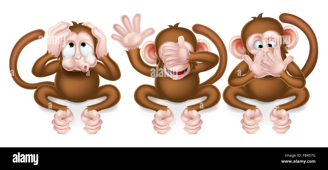 Le tre scimmie sagge, sentire alcun male, vedere alcun male, non parlano male Foto Stock