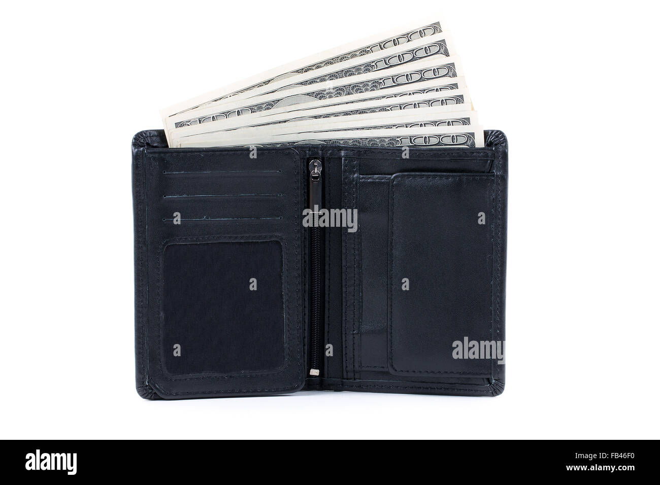 Portafoglio con dollari americani su sfondo bianco Foto Stock