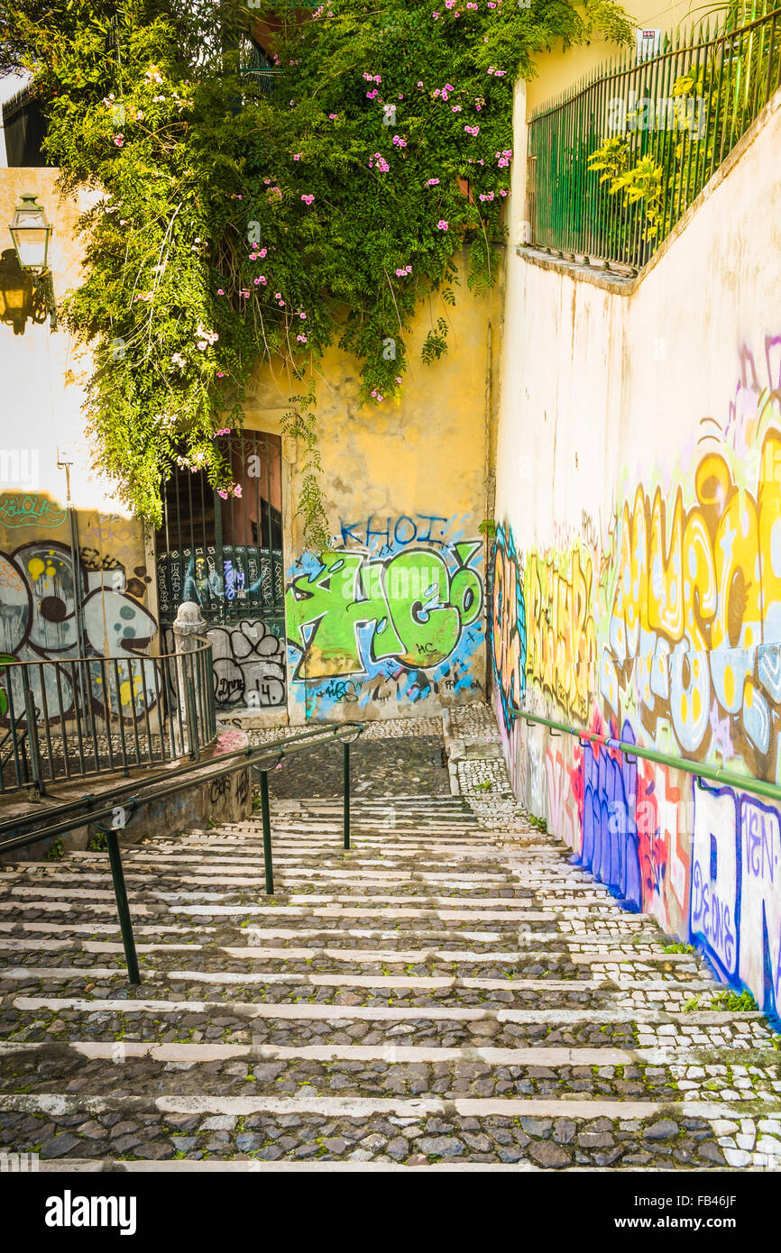 Scala ricoperta di graffiti, quartiere di Alfama, Lisbona, Portogallo Foto Stock