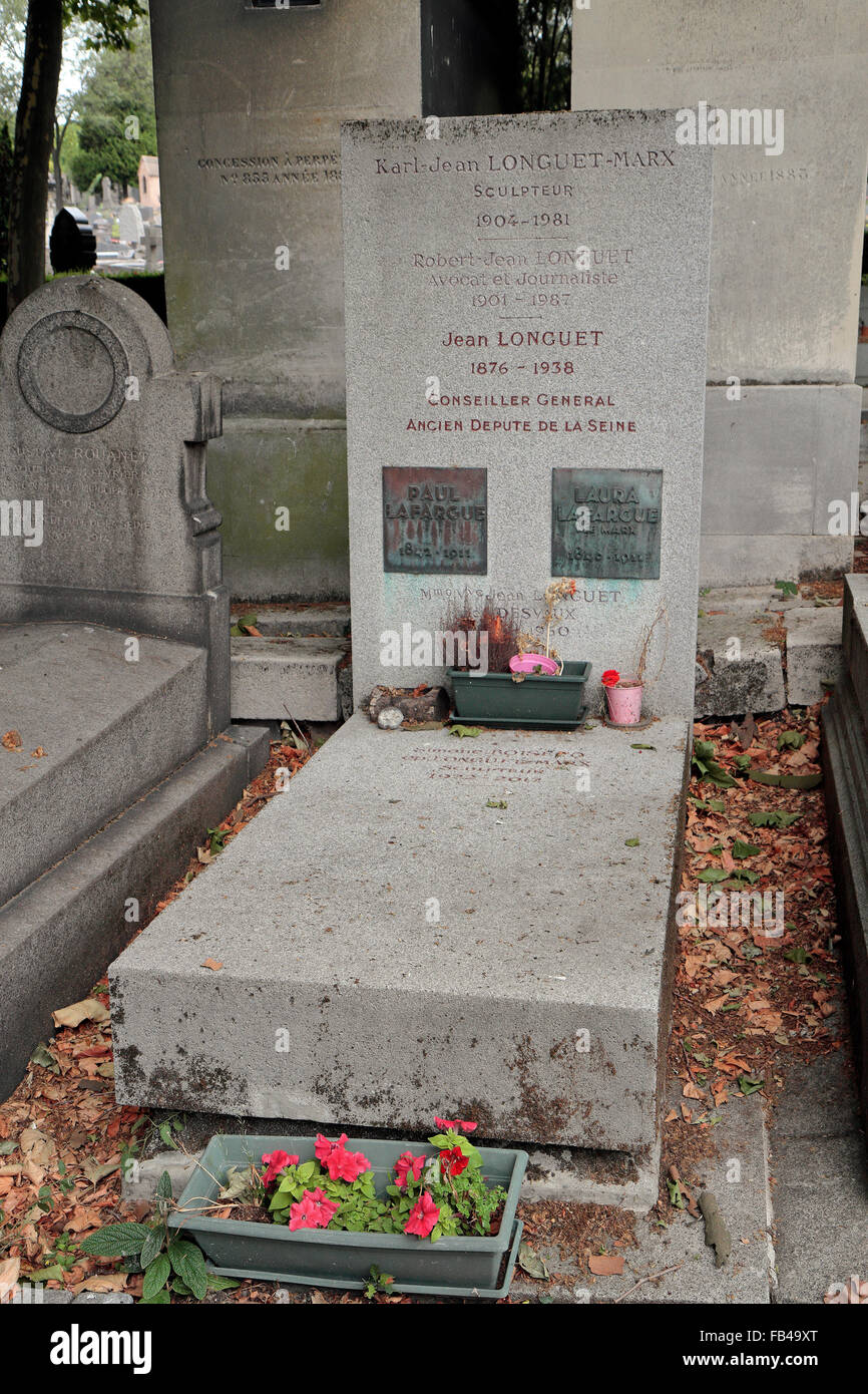 La tomba di Jean-Laurent-Frederick Longuet, nipote di Karl Marx, nel cimitero di Père Lachaise, Parigi, Francia. Foto Stock