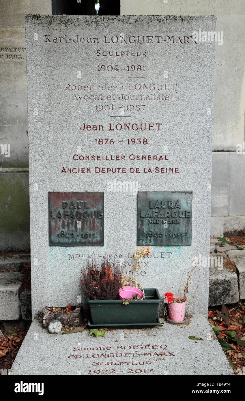 La tomba di Jean-Laurent-Frederick Longuet, nipote di Karl Marx, nel cimitero di Père Lachaise, Parigi, Francia. Foto Stock