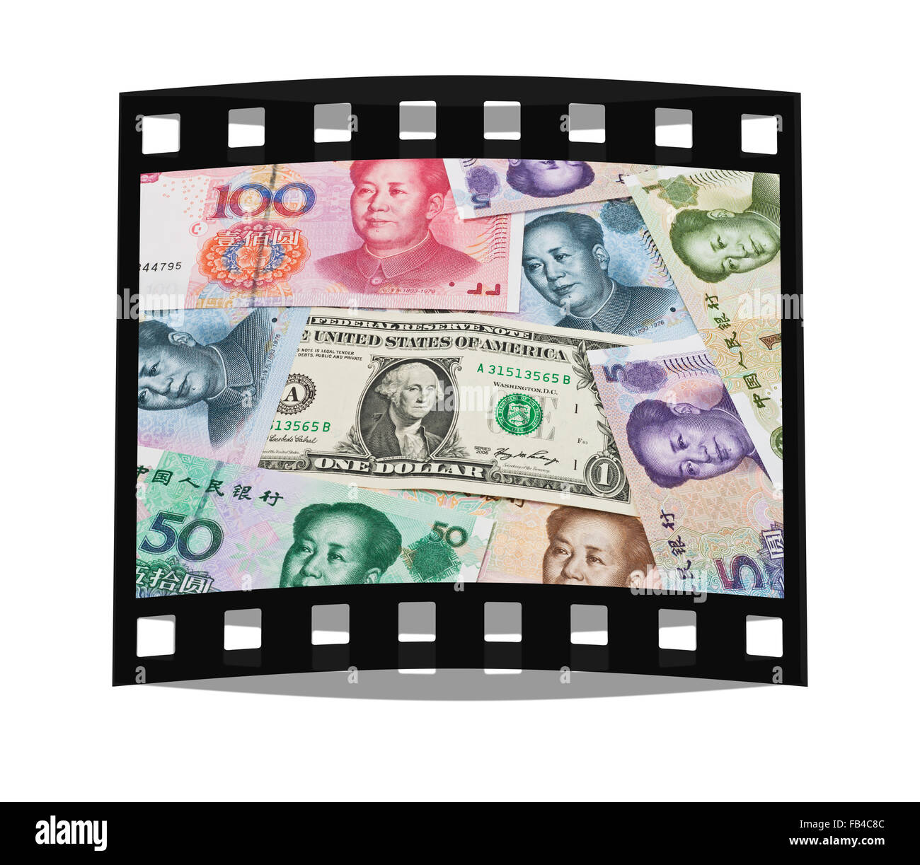 Molti Yuan fatture con il ritratto di Mao Zedong affiancati. Al centro si trova un 1 U.S. Dollaro. Foto Stock