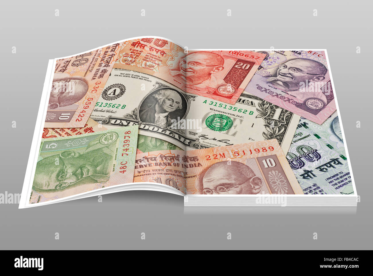 Molti rupia indiana fatture con il ritratto del Mahatma Gandhi affiancati. Al centro si trova un 1 U.S. Dollaro Foto Stock