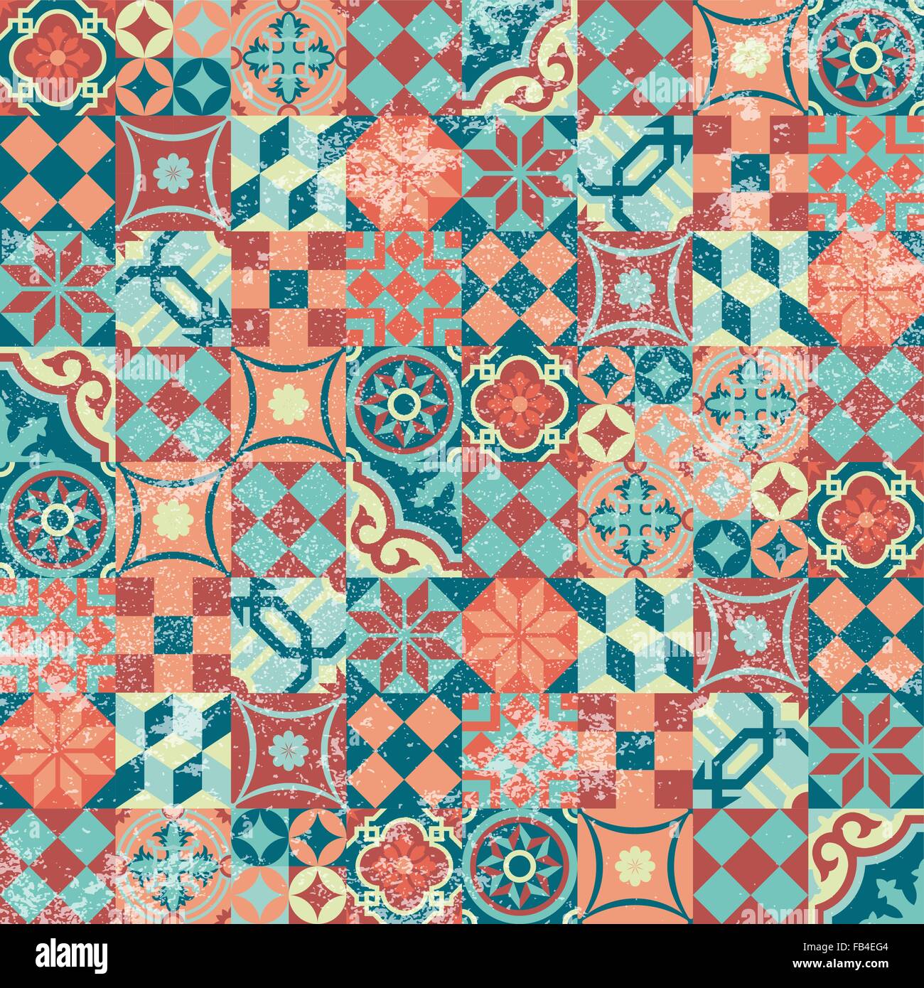 Orientale tradizionale Mosaico pattern seamless sfondo, patchwork design con texture grunge. Ornamentali elementi geometrici. Illustrazione Vettoriale